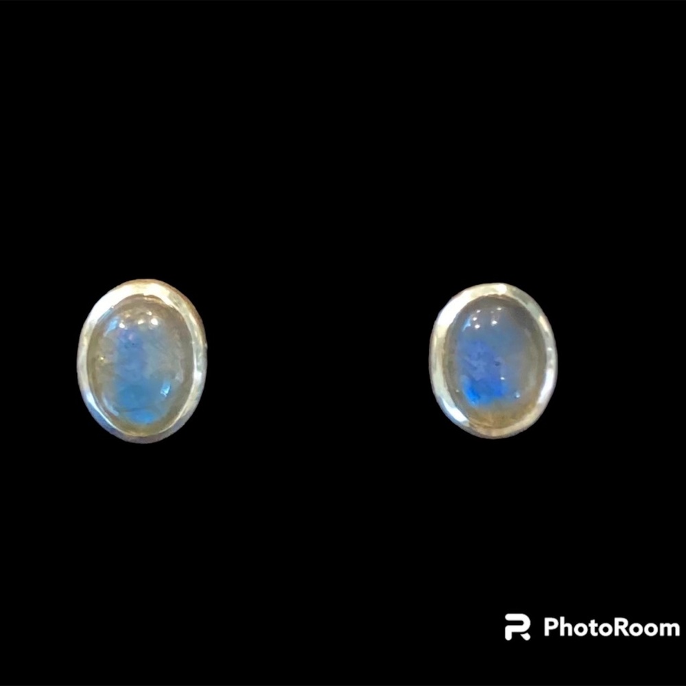 Genuine Labradorite and Sterling Silver Pierced Earrings Studs Oval Blue Flash